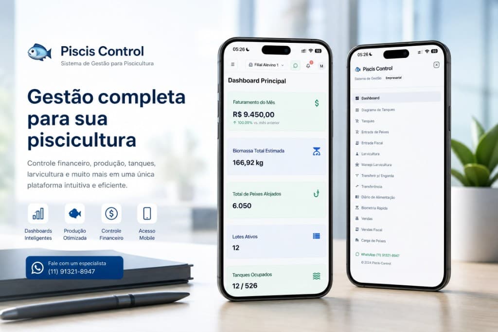 Piscis Control no celular, com dashboards e módulos da fazenda